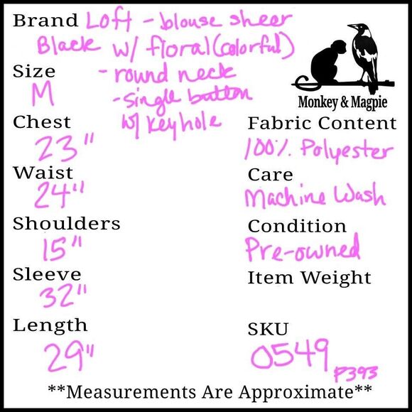 LOFT Black Colorful Floral LS Semi-Sheer Button Keyhole Blouse Breezy Medium - Picture 9 of 9